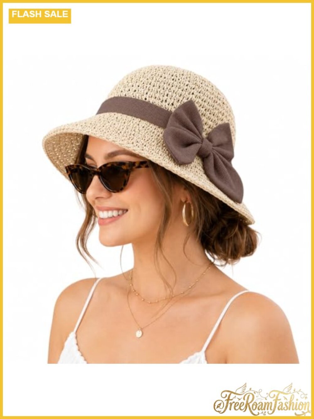 Woven Straw Sun Hat Foldable Wide Brim Beach Bucket Hat with Bow